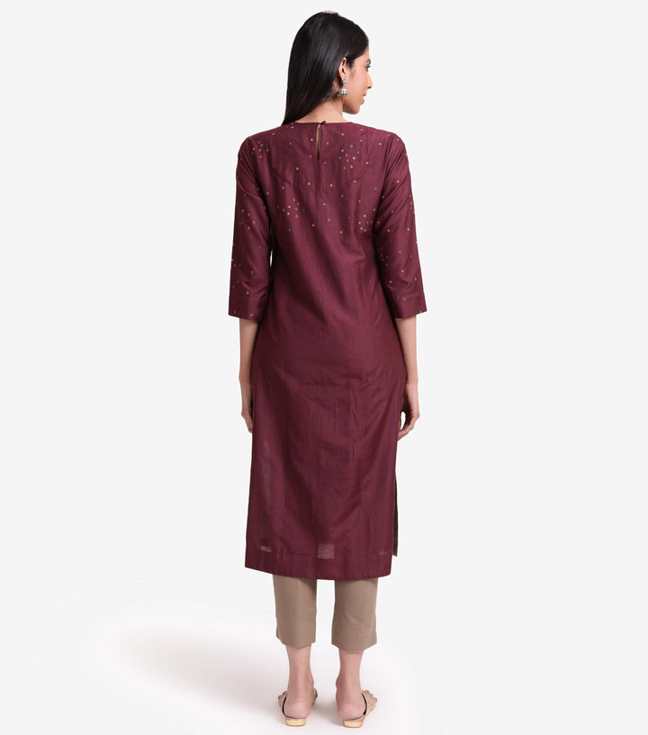 Wine cotton silk embroidered kurta