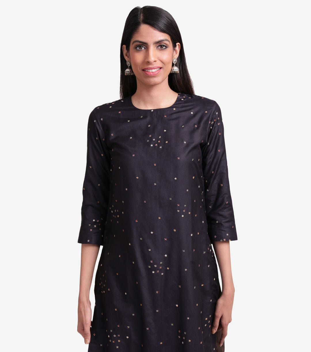 Black cotton silk embroidered kurta