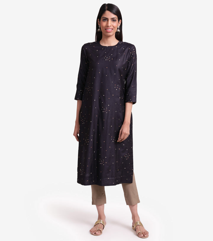 Black cotton silk embroidered kurta