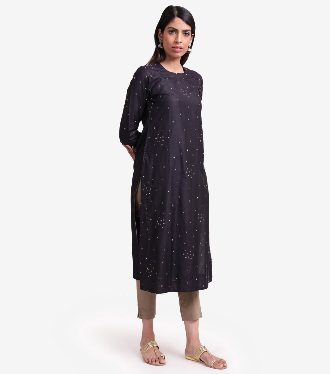 Black cotton silk embroidered kurta