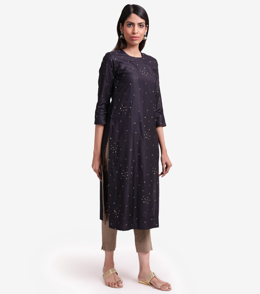 Black cotton silk embroidered kurta