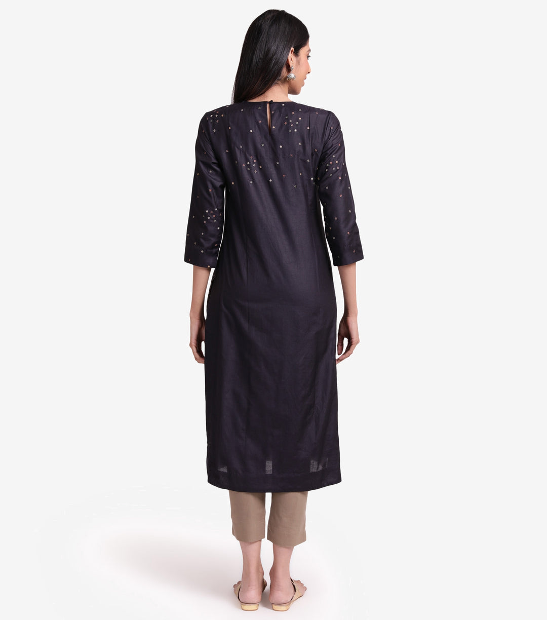 Black cotton silk embroidered kurta