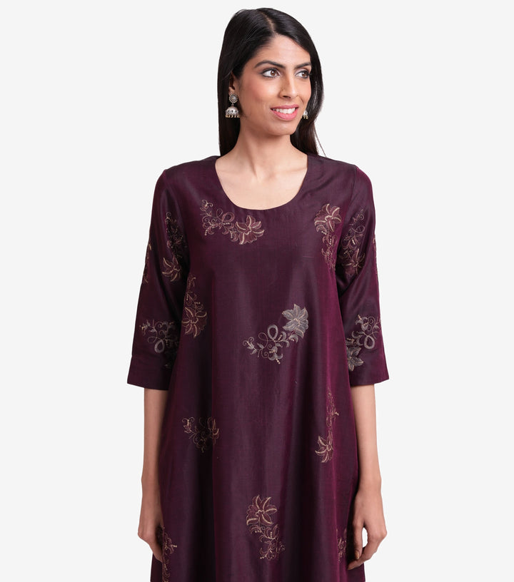 Plum Chanderi Embroidered Kurta