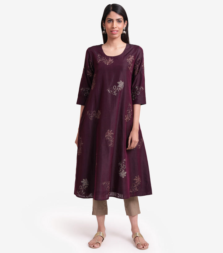 Plum Chanderi Embroidered Kurta