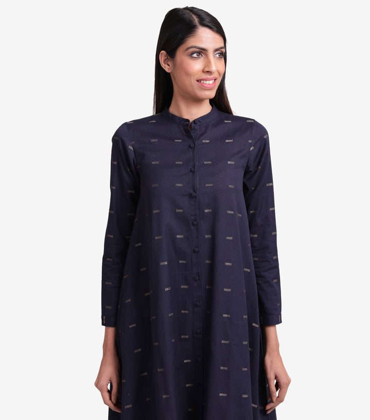 Navy blue embroidered cotton linen dress