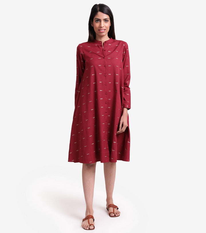 Maroon Embroidered cotton linen Dress