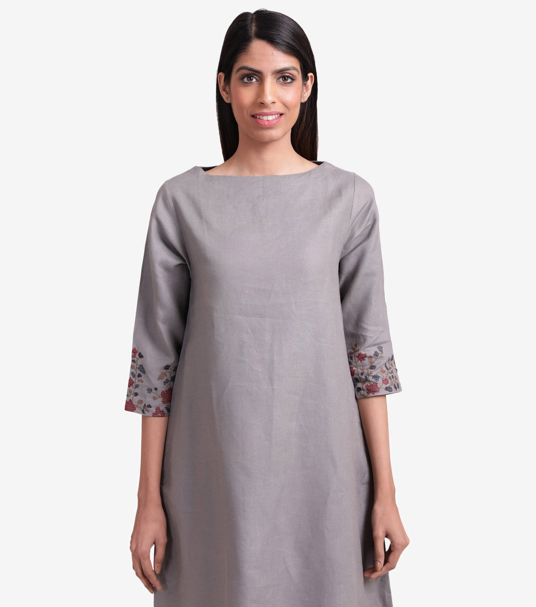 Stone grey embroidered linen dress