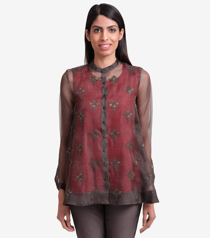 Charcoal Grey embroidered organza shirt