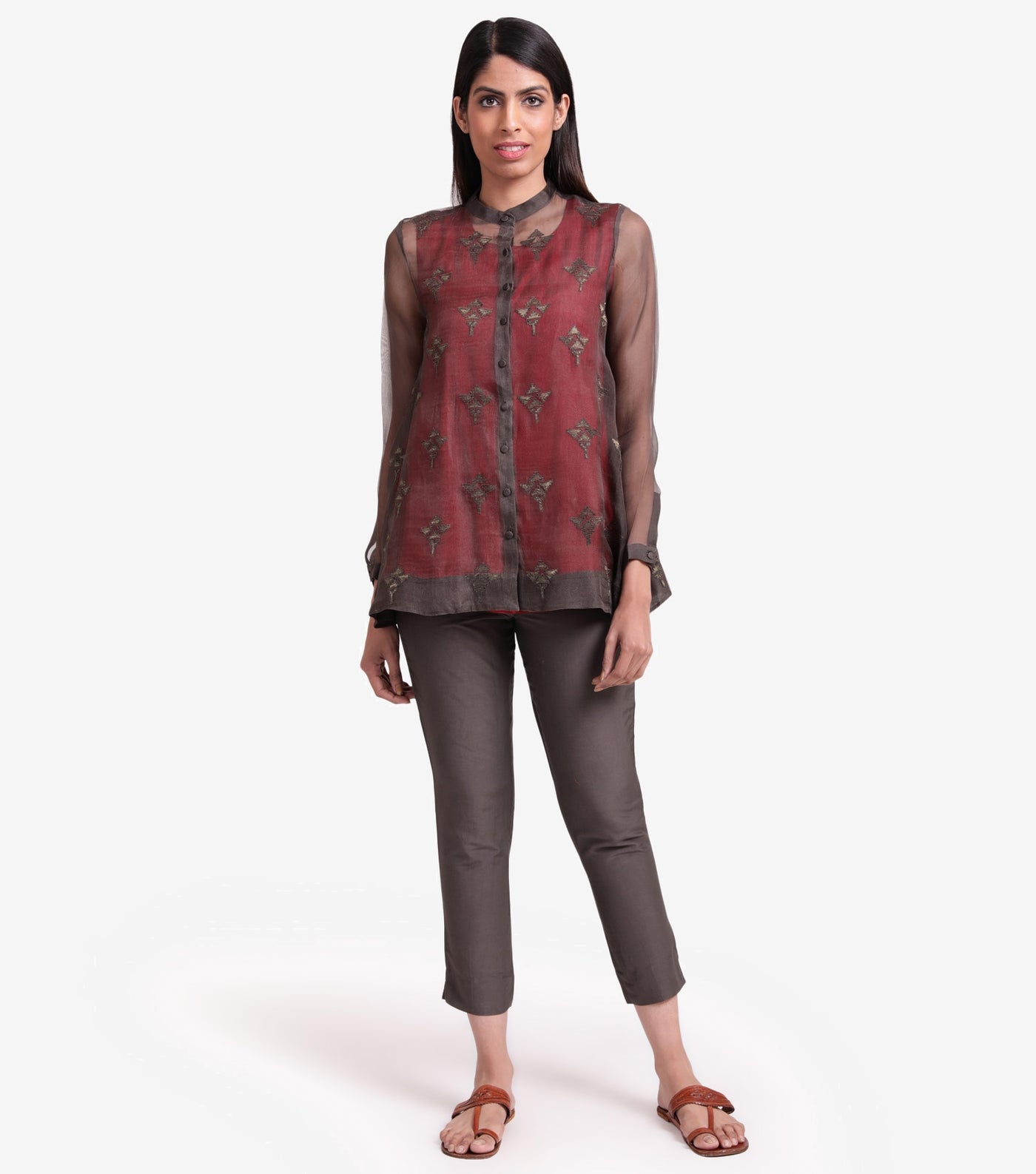 Charcoal Grey embroidered organza shirt