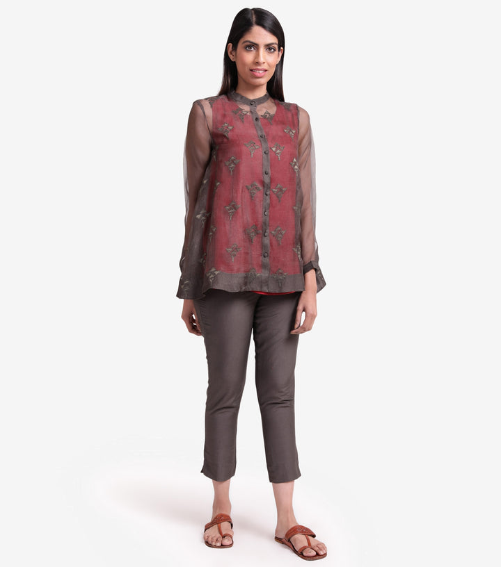 Charcoal Grey embroidered organza shirt