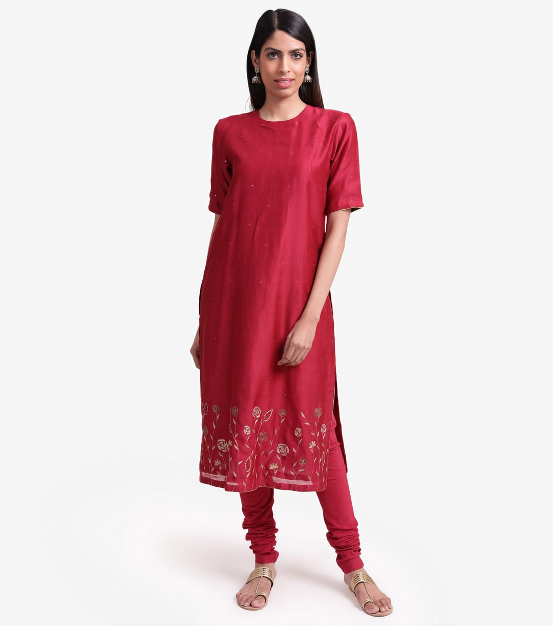 Maroon chanderi embroidered kurta set