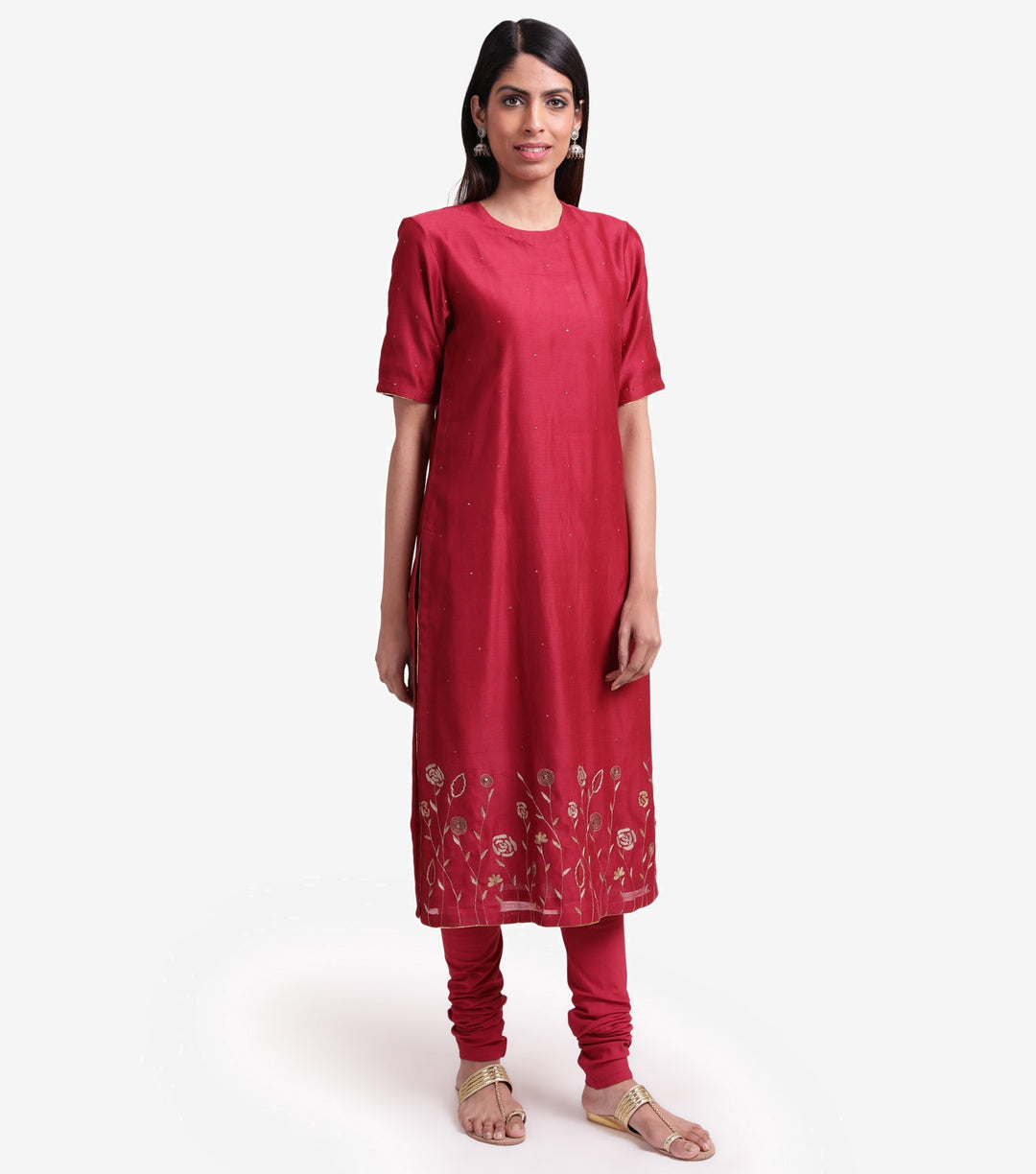 Maroon chanderi embroidered kurta set