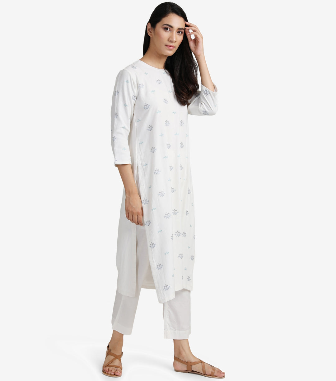 Ivory Embroidered Viscose Linen Kurta & Pants set