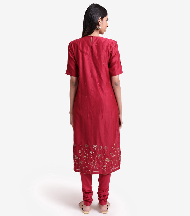 Maroon chanderi embroidered kurta set