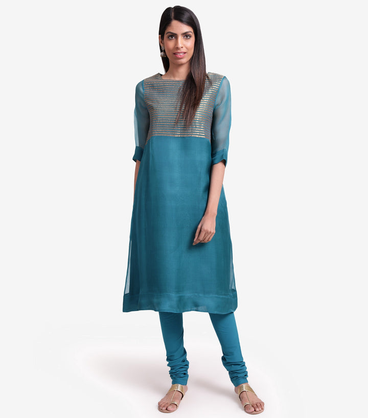 Teal Gold Organza Kurta