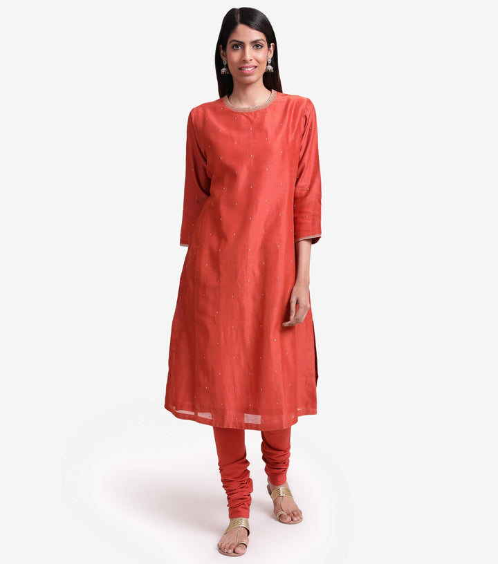 Burnt orange Chanderi kurta & cotton churidaar set