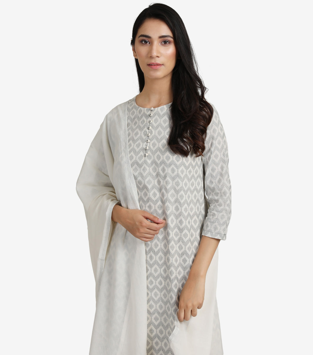 Grey & Ivory Woven Cotton Suit Set