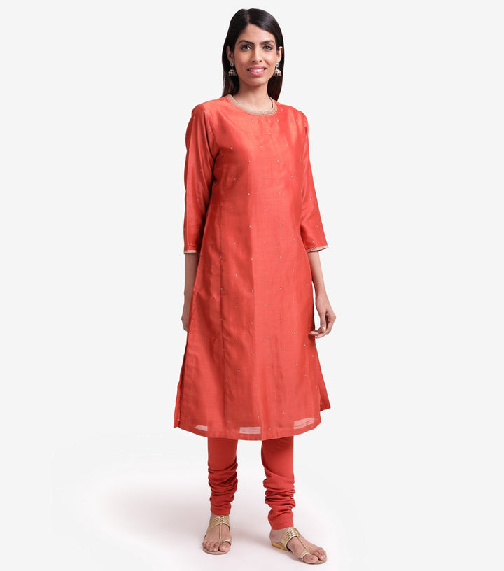 Burnt orange Chanderi kurta & cotton churidaar set