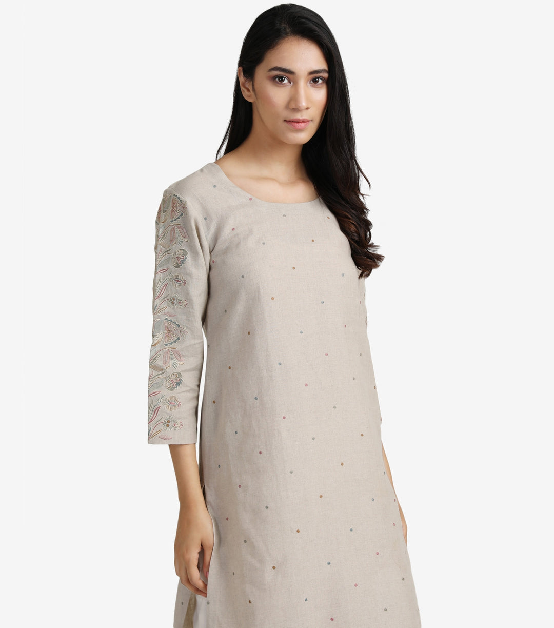 Beige embroidered linen kurta