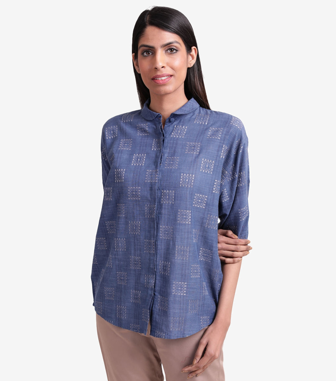 Blue khadi embroidered shirt