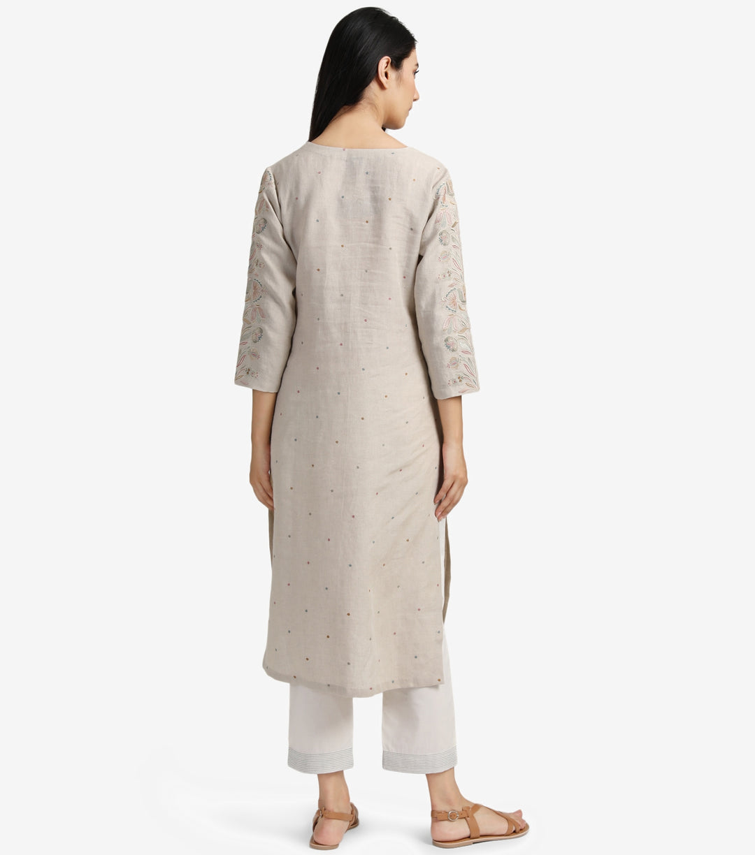 Beige embroidered linen kurta