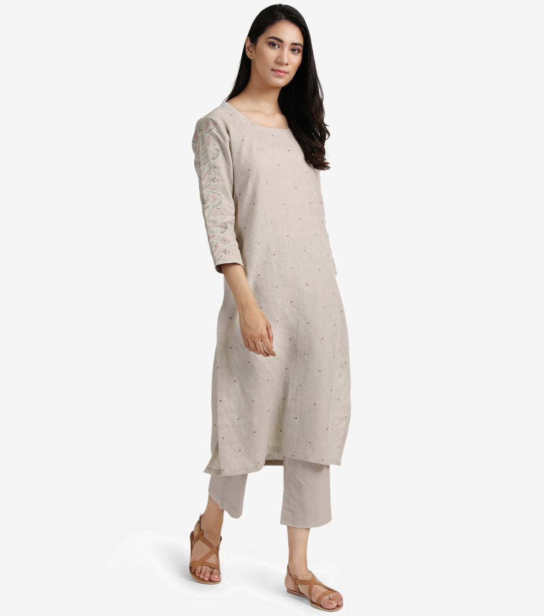 Beige embroidered linen kurta