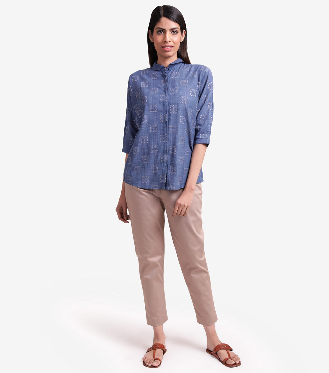 Blue khadi embroidered shirt