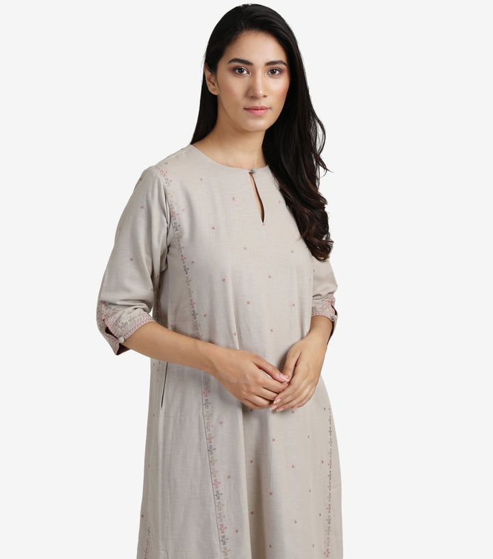 Beige embroidered linen kurta