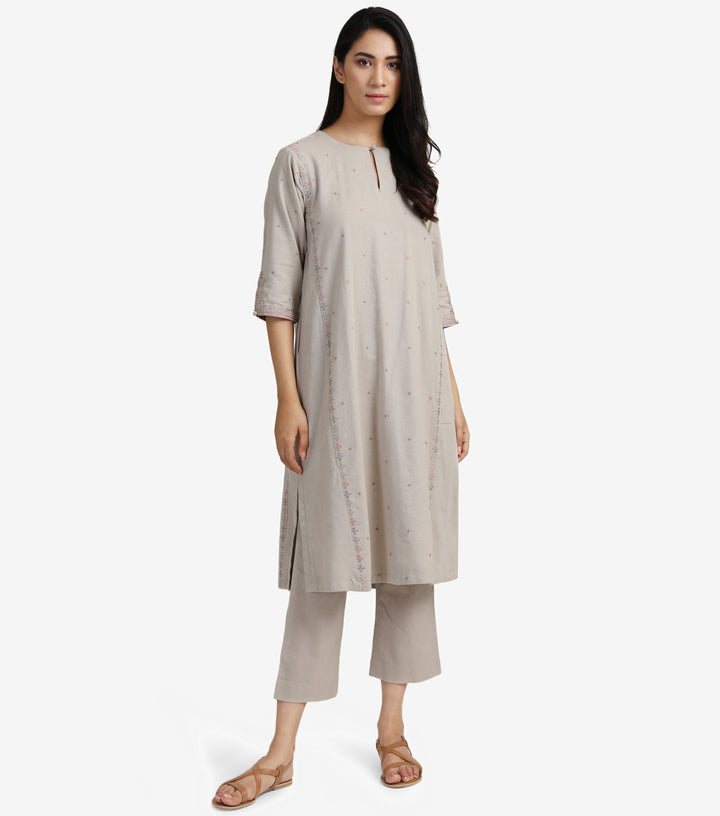 Beige embroidered linen kurta