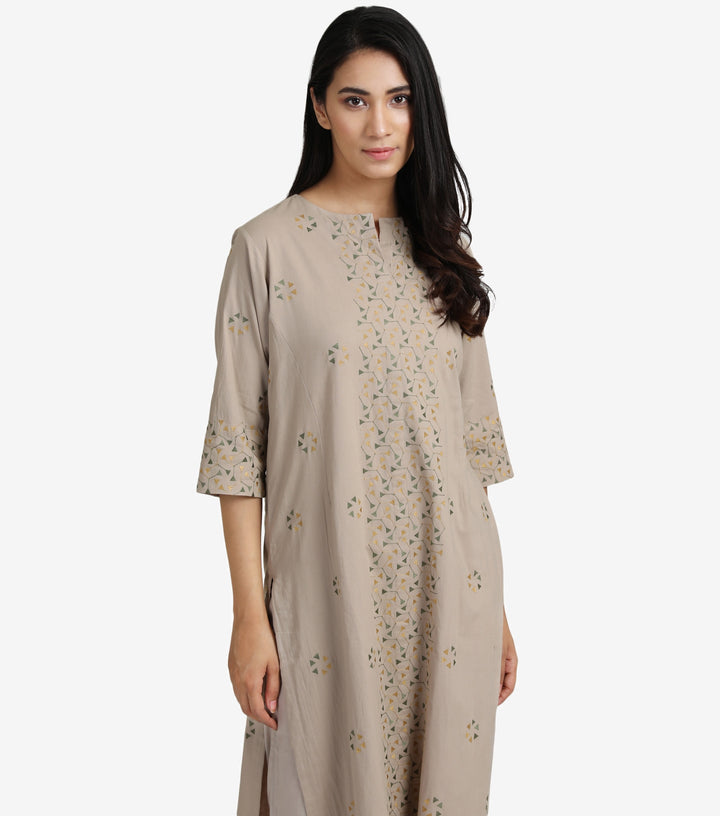 Beige embroidered cotton kurta