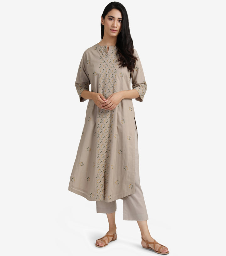 Beige embroidered cotton kurta