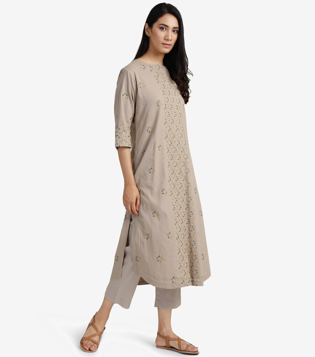 Beige embroidered cotton kurta