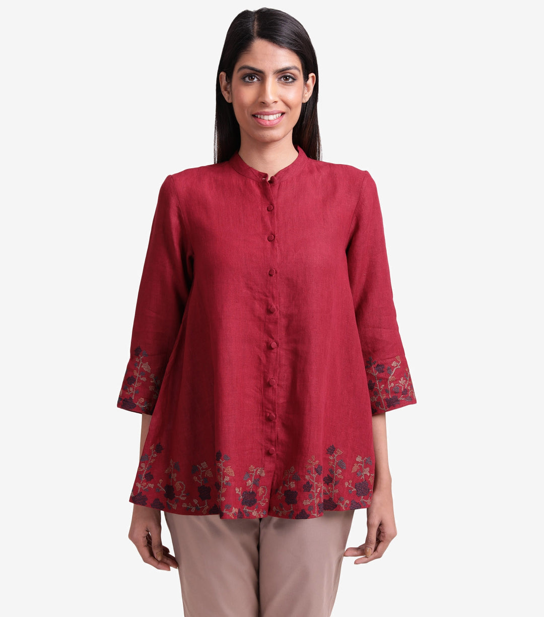 Maroon embroidered cotton linen shirt