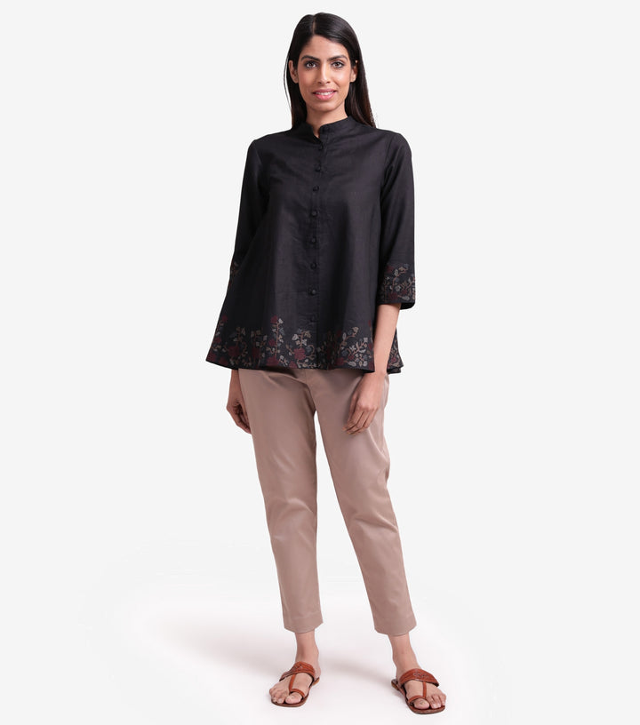 Black embroidered cotton linen shirt