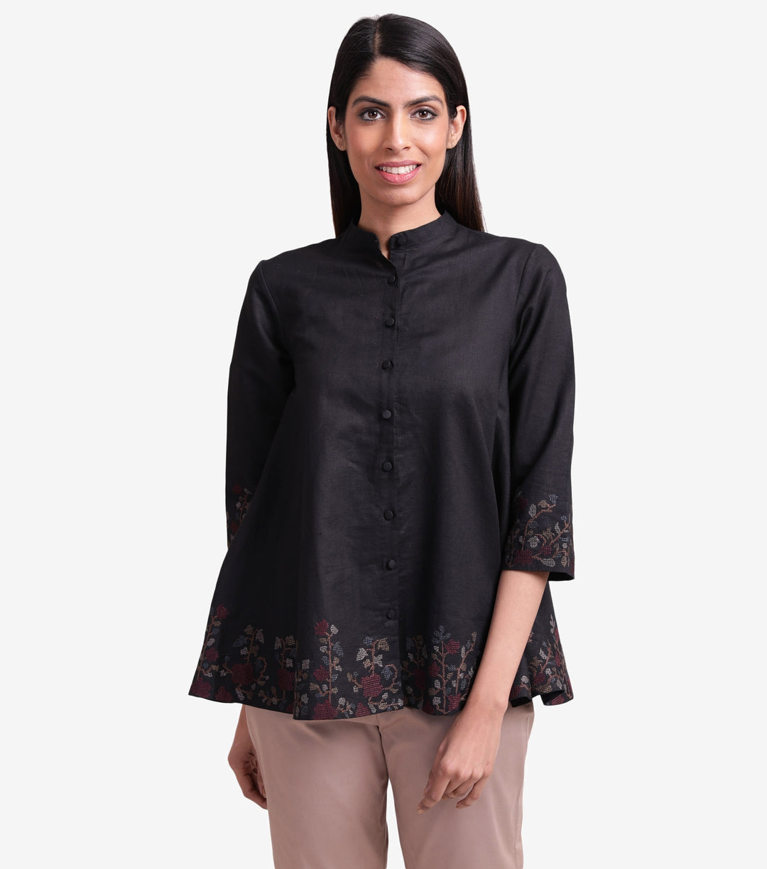 Black embroidered cotton linen shirt