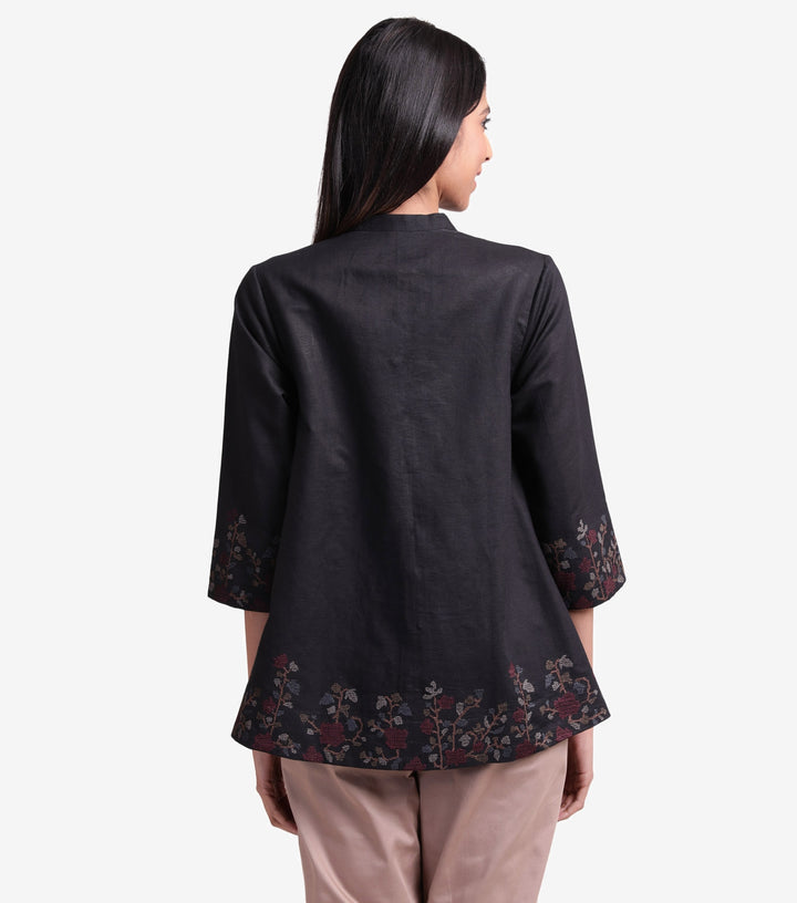 Black embroidered cotton linen shirt