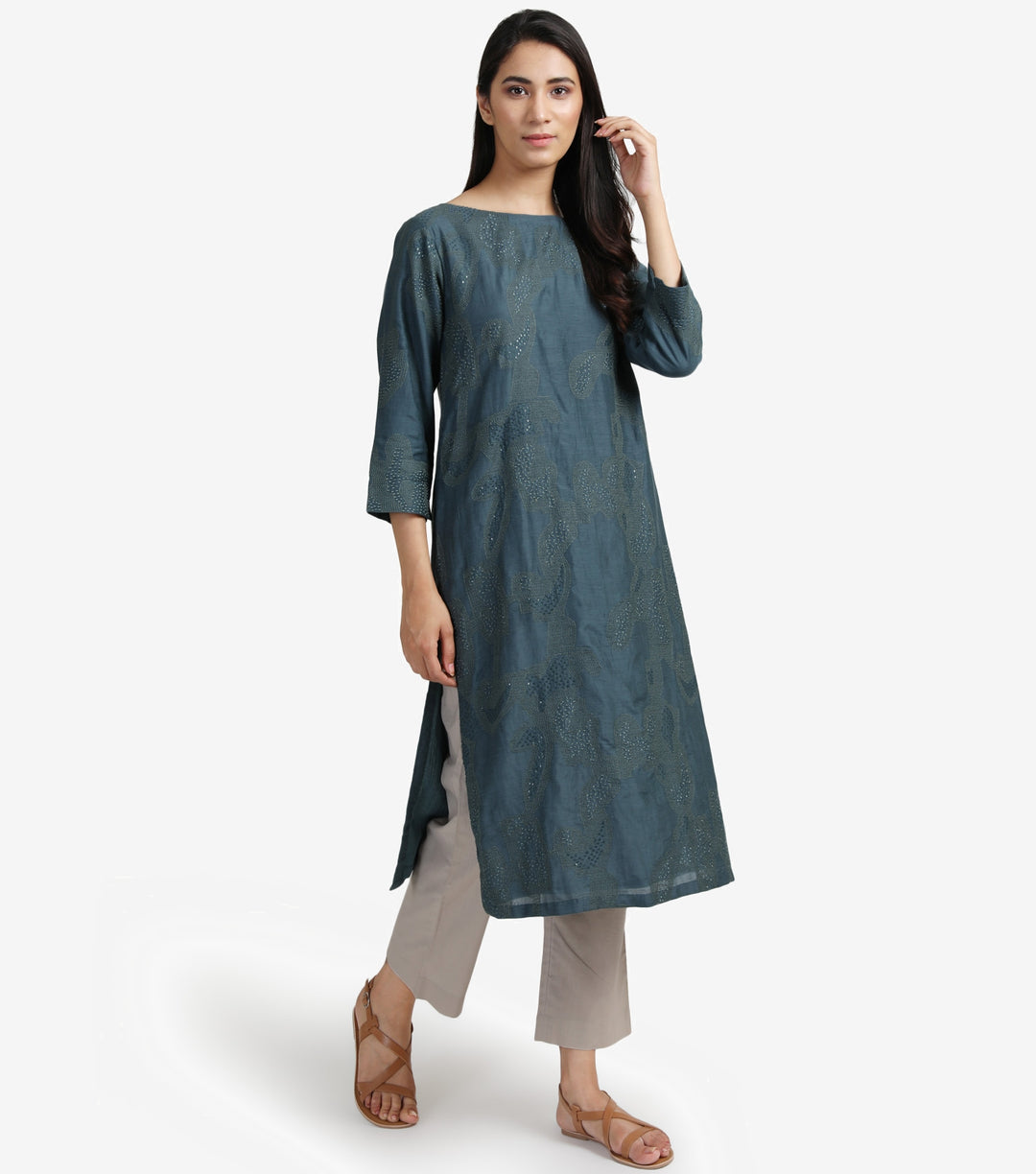 Blue embroidered silk cotton kurta