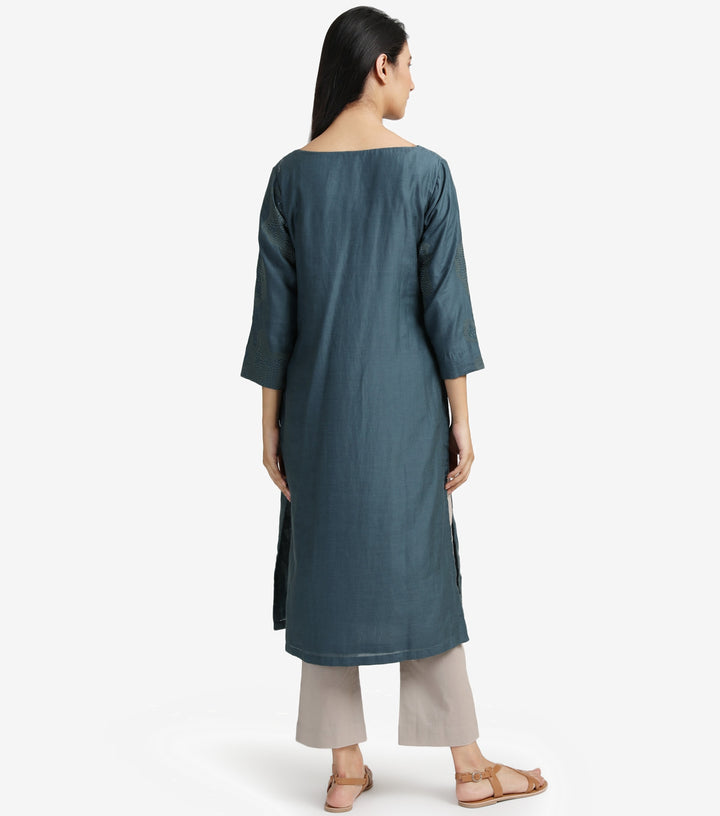 Blue embroidered silk cotton kurta