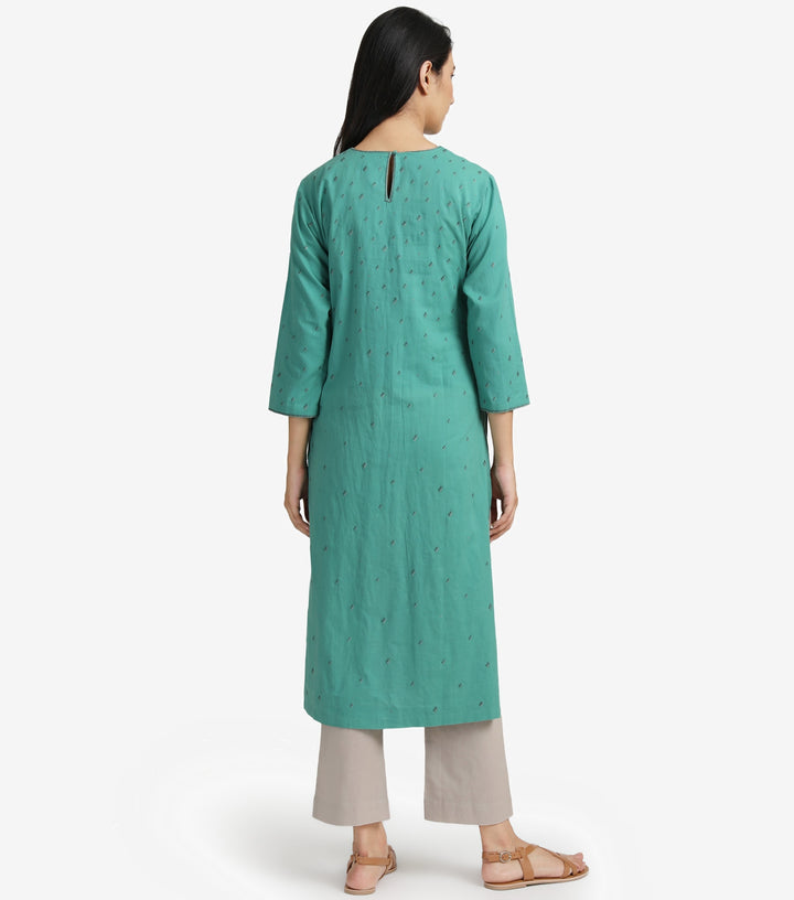 Green cotton embroidered kurta