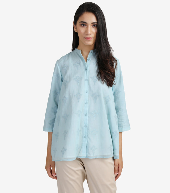 Skyblue embroidered cotton shirt