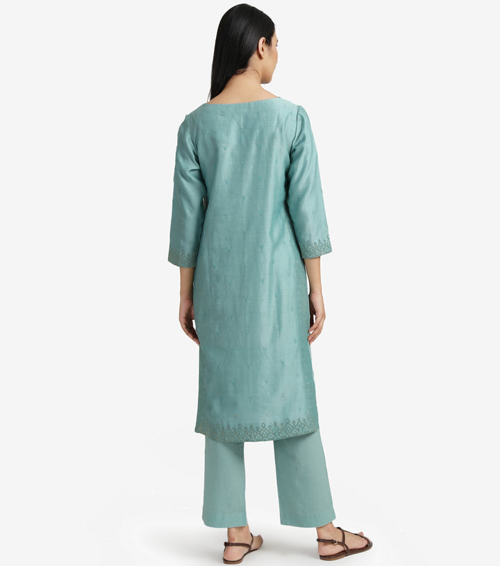 Sky Blue Embroidered Cotton silk kurta & cotton pants set