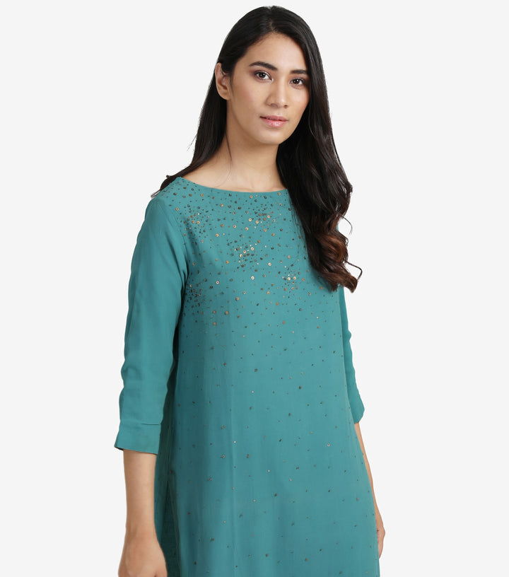 Teal Georgette Embellished Kurta & cotton silk pants Set