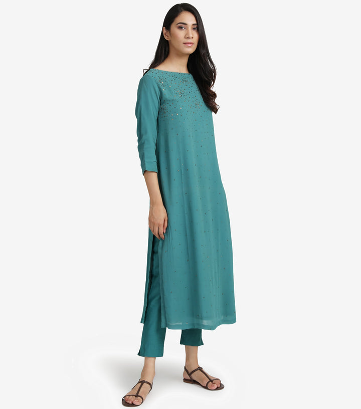 Teal Georgette Embellished Kurta & cotton silk pants Set