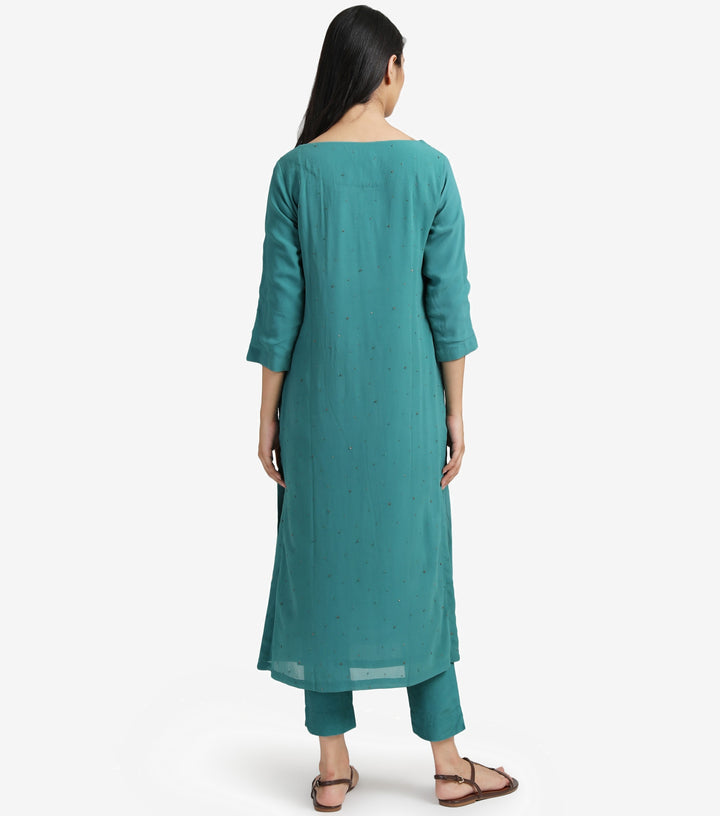 Teal Georgette Embellished Kurta & cotton silk pants Set