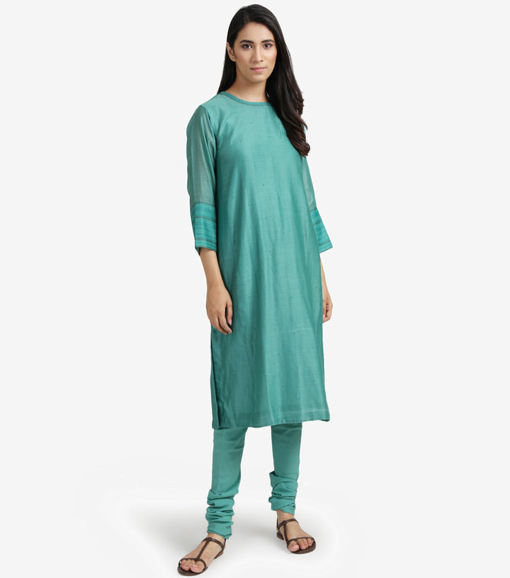 Sea green Cotton Silk kurta & cotton churidaar set