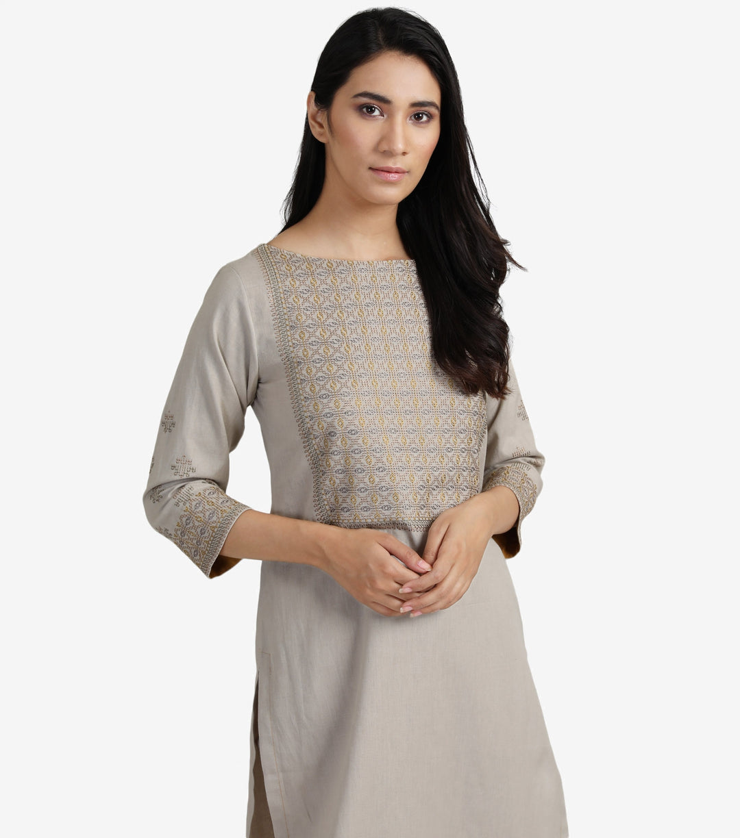 Beige cotton linen embroidered kurta