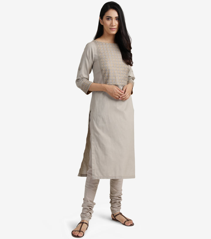 Beige cotton linen embroidered kurta