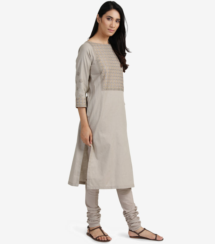 Beige cotton linen embroidered kurta