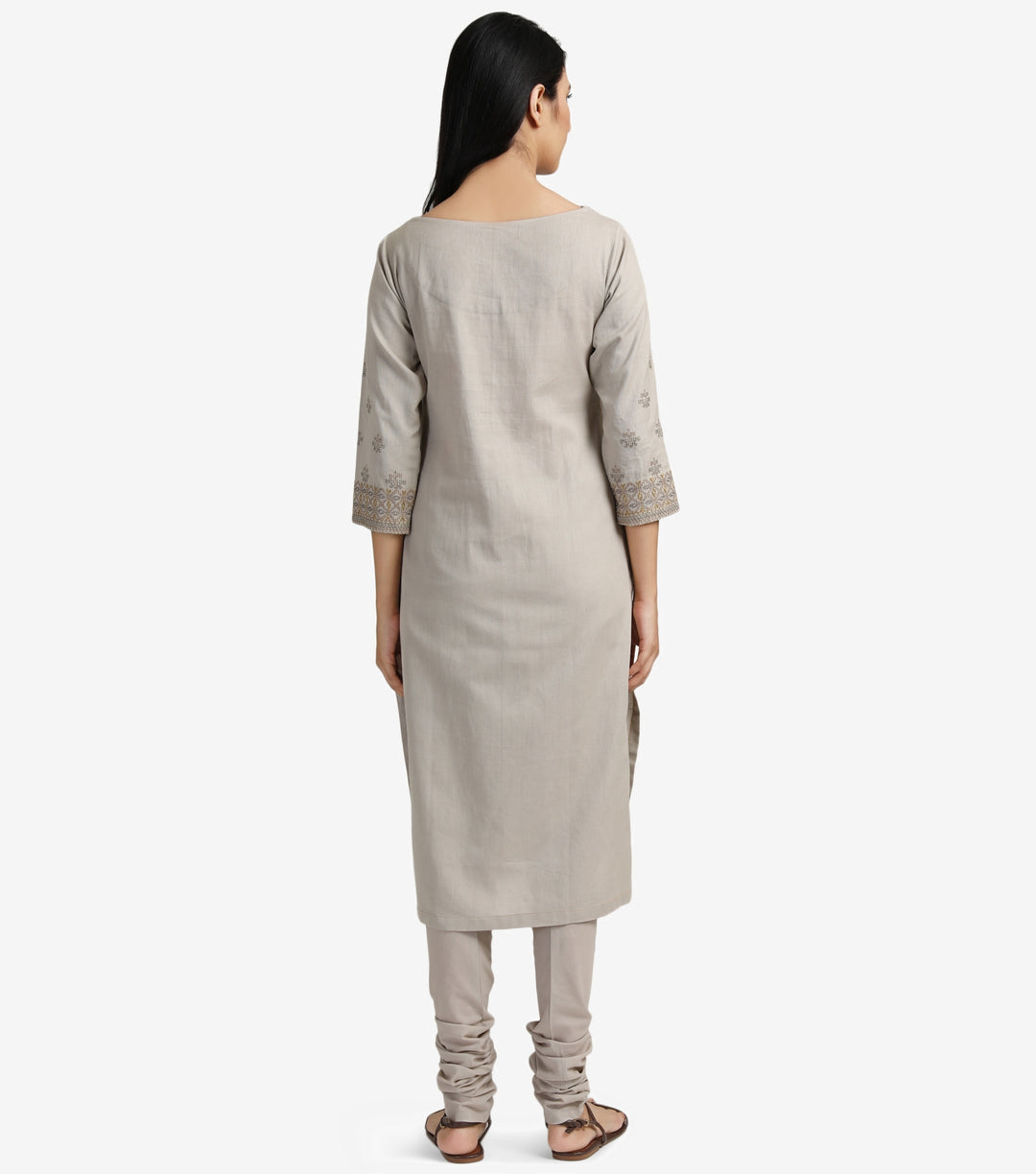 Beige cotton linen embroidered kurta