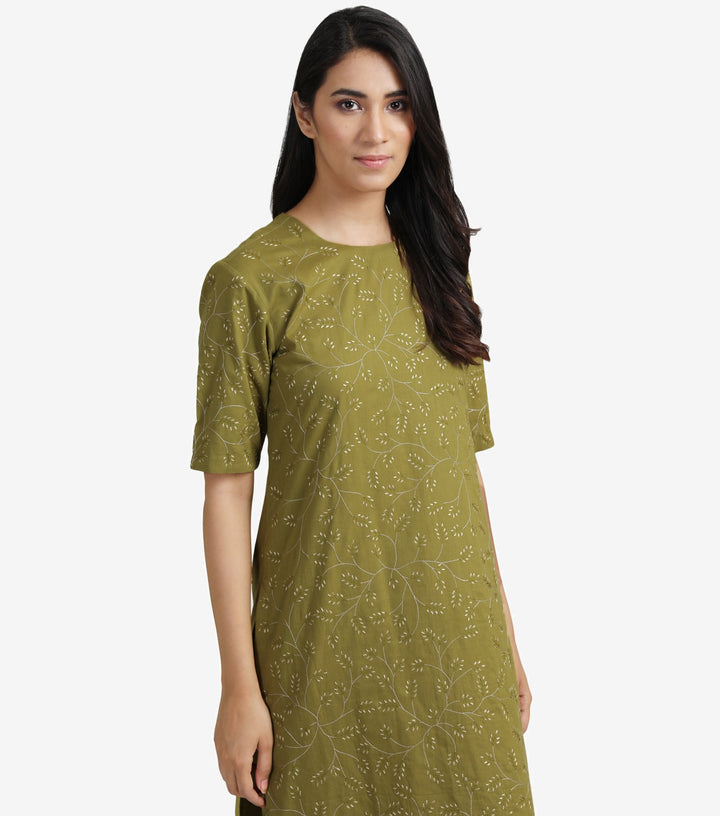 Olive Green embroidered cotton kurta & churidaar set